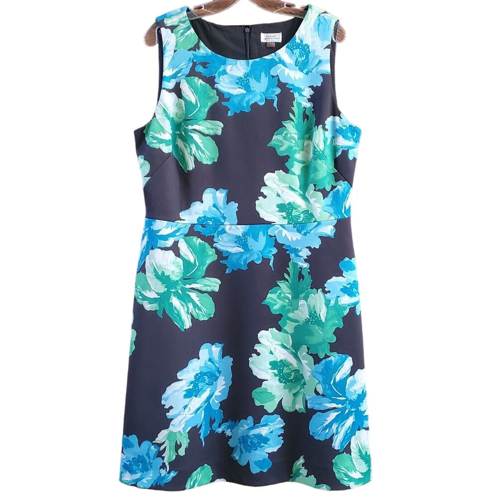 Tahari Arthur S Levine classic sleeveless sheath dress 14 Blue Floral Print